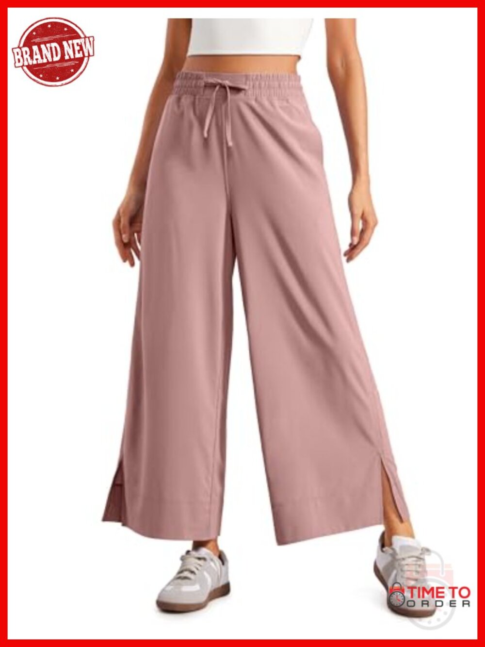 Lightweight Wide Leg Crop Pants 25" with Pockets, Side Slit, High Rise,